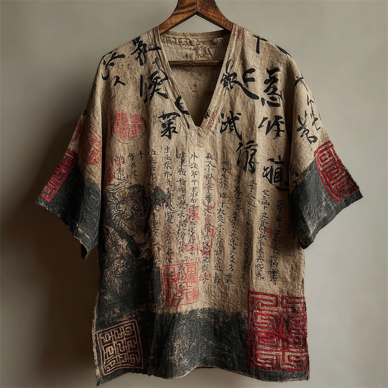 Men's Japanese Dragon Calligraphy Stamps Art Linen Shirt