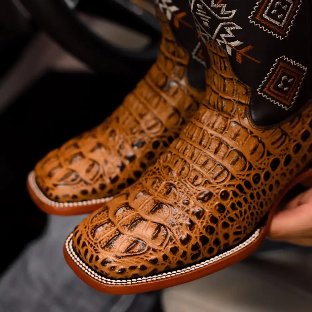 Honey Caiman Neck Leather Boots - Square Toe