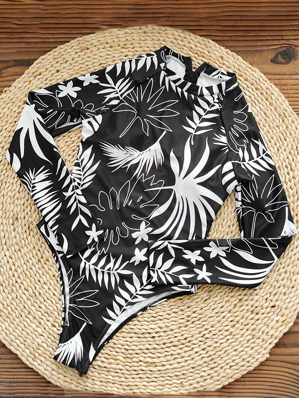 Long Sleeves Color-Block Floral Printed Zipper One-Piece Swimwear