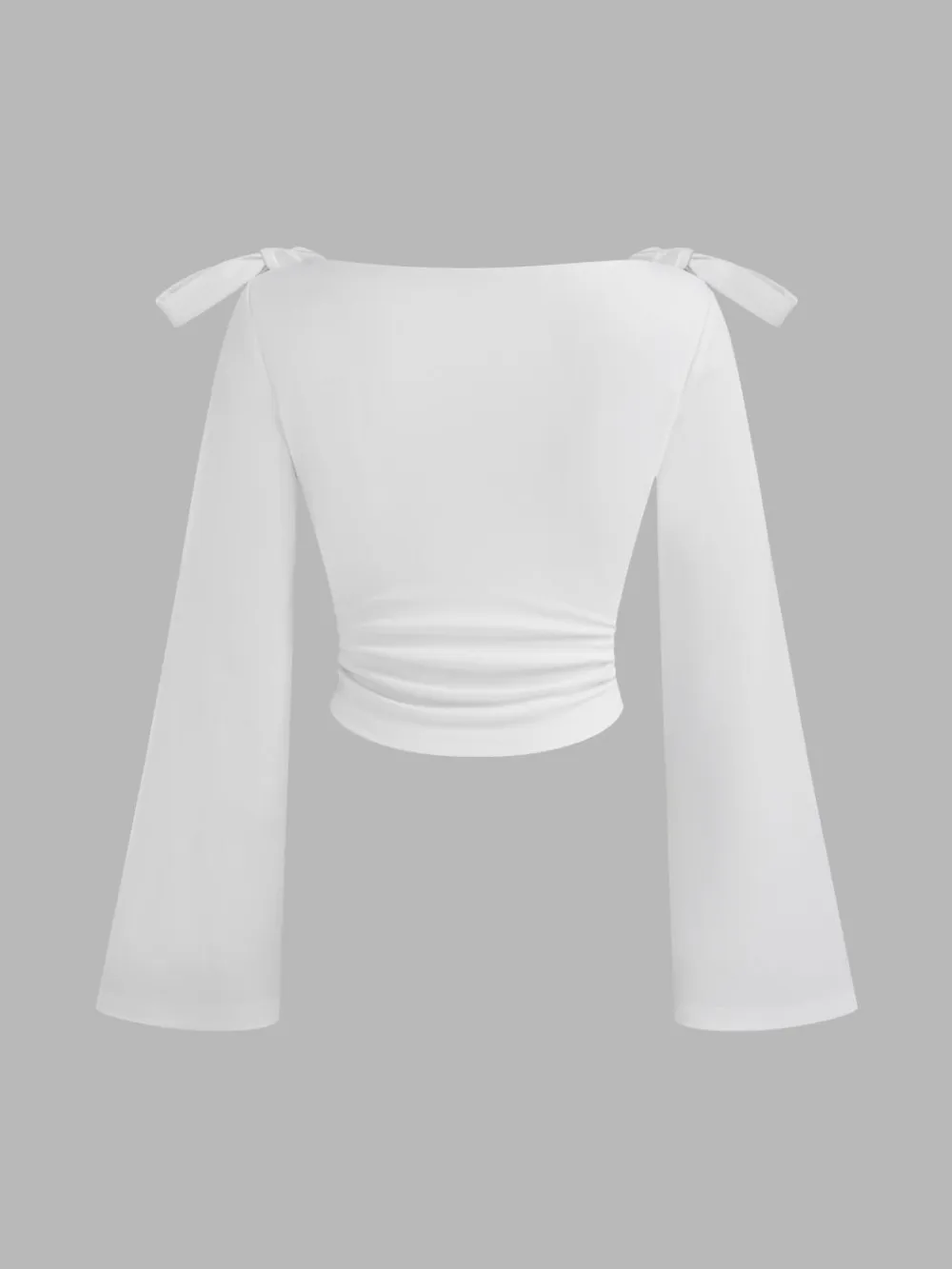 Boat Neck Gingham Bowknot Ruched Long Sleeve Top