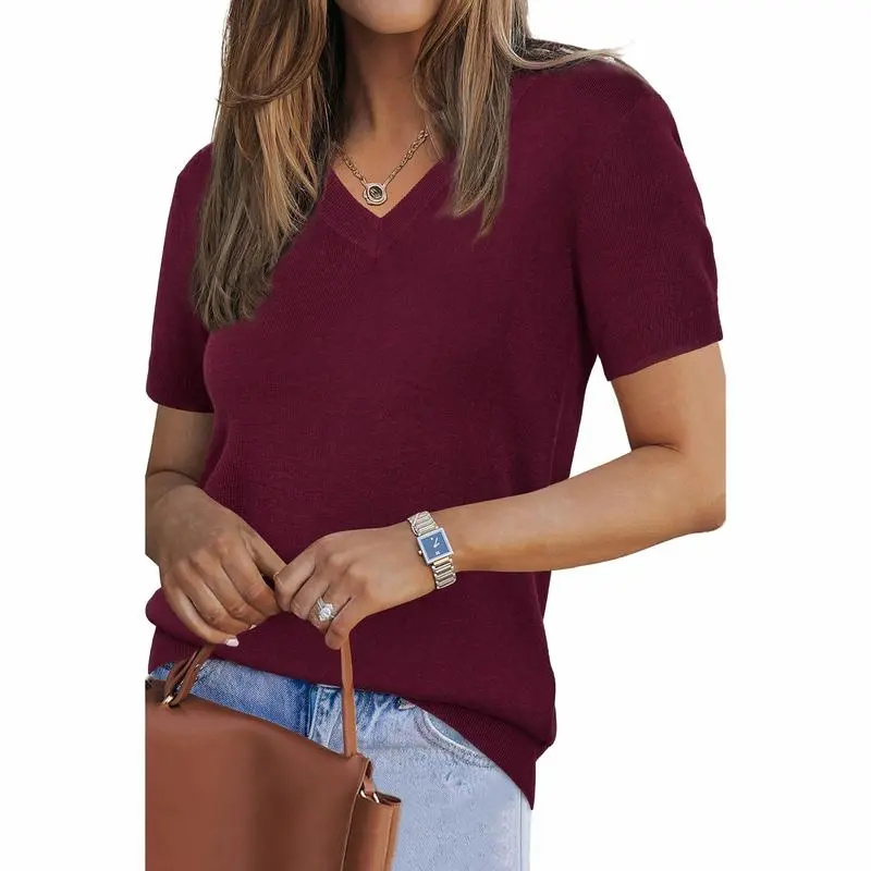 Womens Wool Blend Sweater Soft V Neck Short Sleeve Spring Fashion Pullover Tops