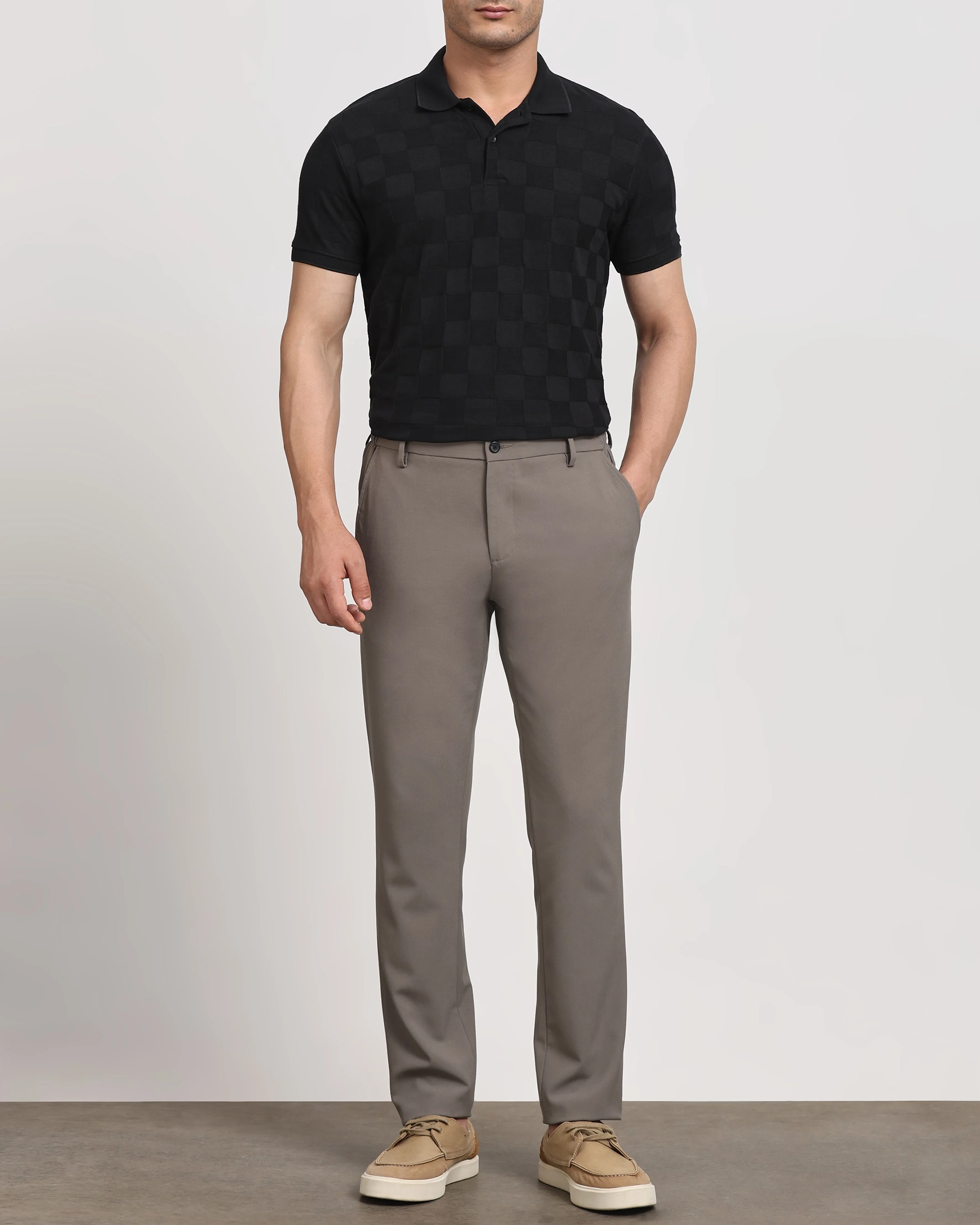 Casual Minimalist Black Plaid Texture Polo Shirt