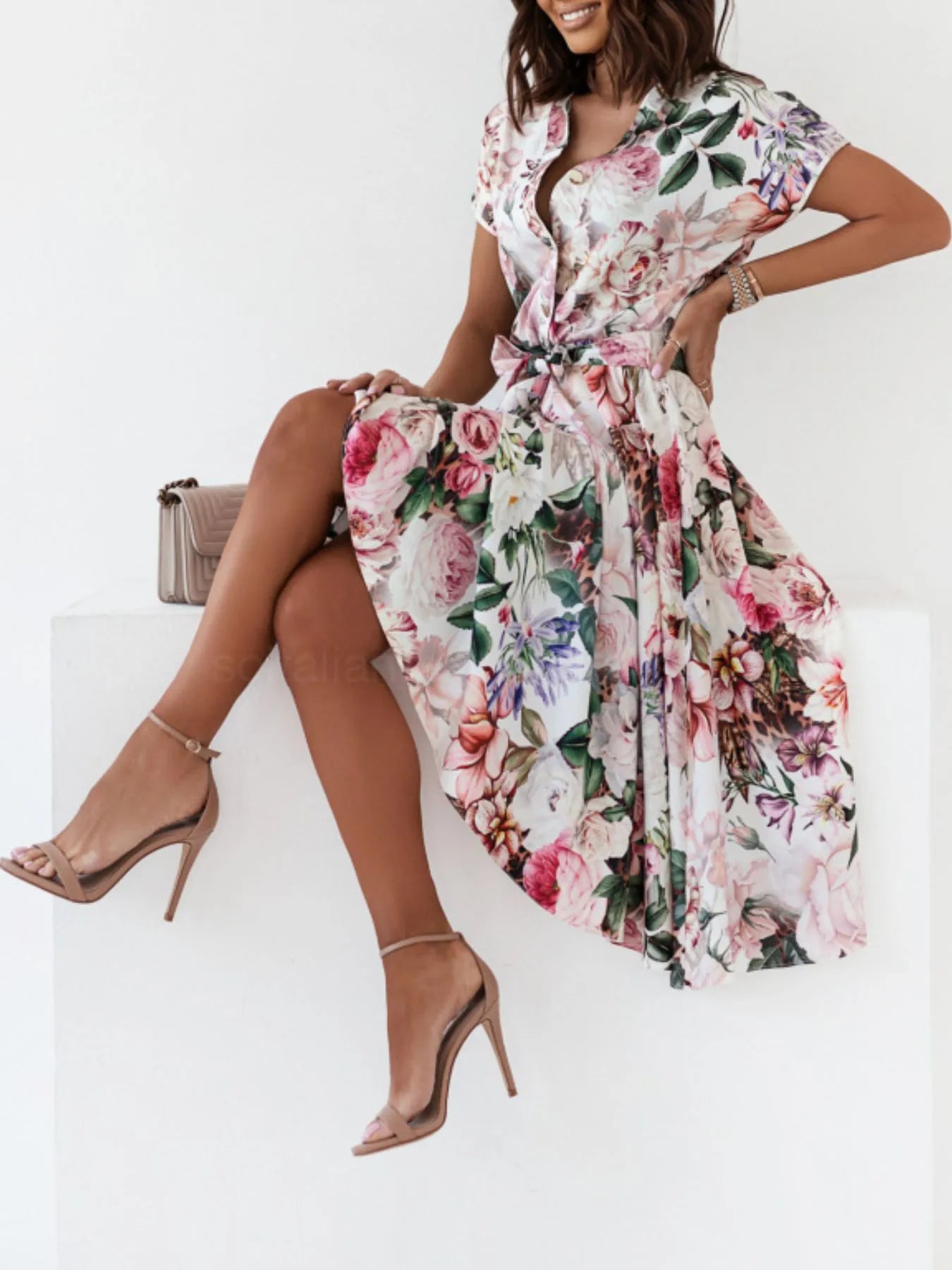 Floral Short Sleeve Midi Dress