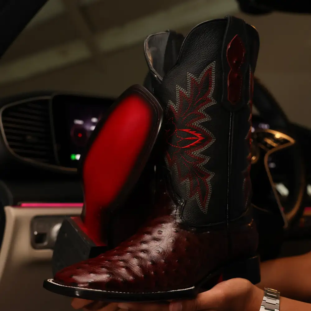 Wine Ostrich Leather Boots With Black Shaft - Square Toe