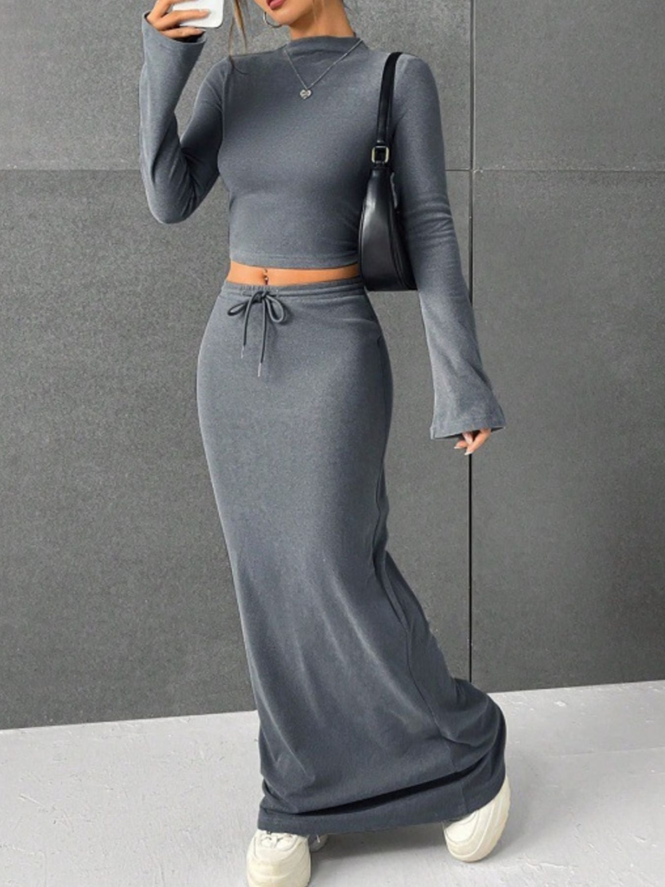Long Sleeve Top & Drawstring Maxi Skirt Set