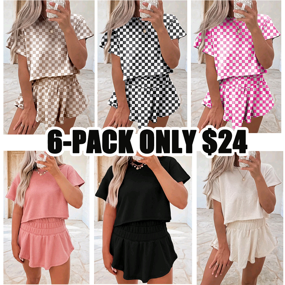 Women's Two Piece Set, Checkerboard T Shirtand Ruffle High Waist Skort Set,2025 SummerCasual Sets for Daily Wear