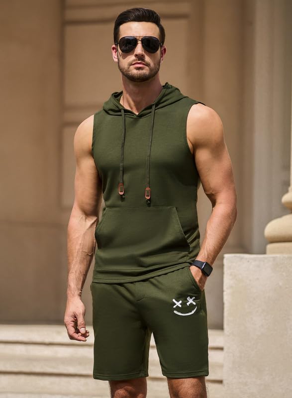 Men's Hoodie Short Set Workout Hooded Tank Top Solid Color 2 Piece Outfit Summer Sleeveless Tracksuits