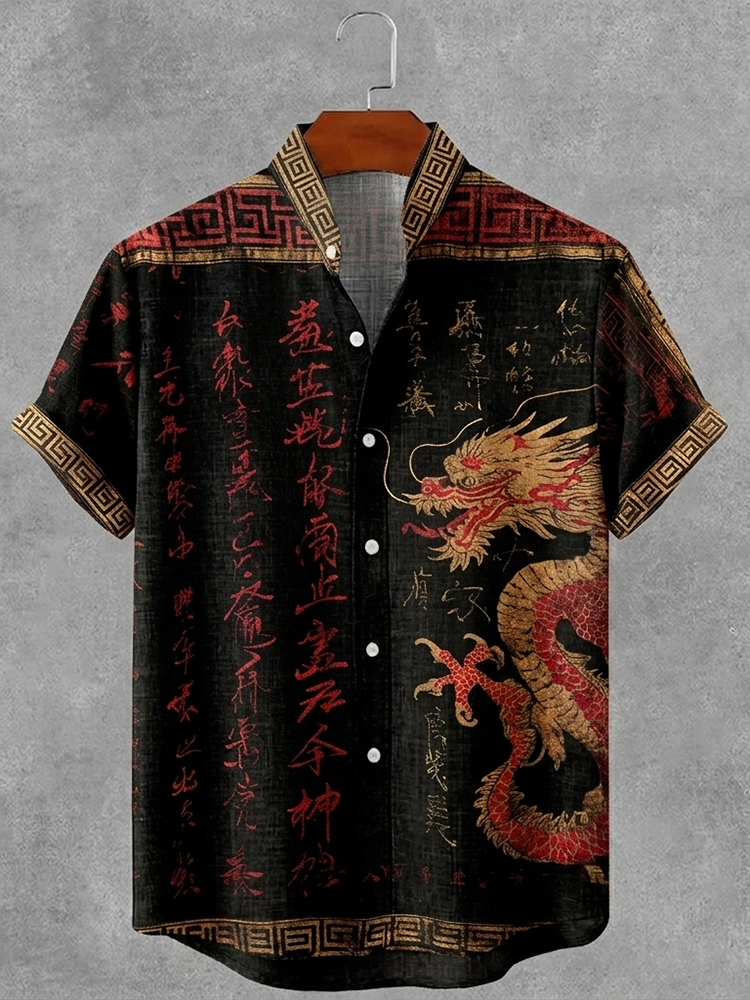 Men's Japanese Calligraphy Dragon Art Pattern Casual Linen Shirt