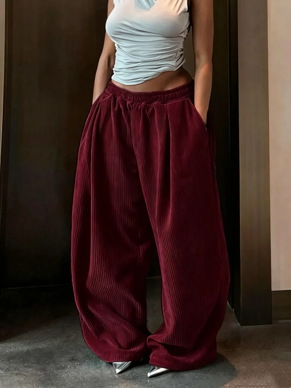 Women's Solid Drawstring High Waist Wide Leg Pants