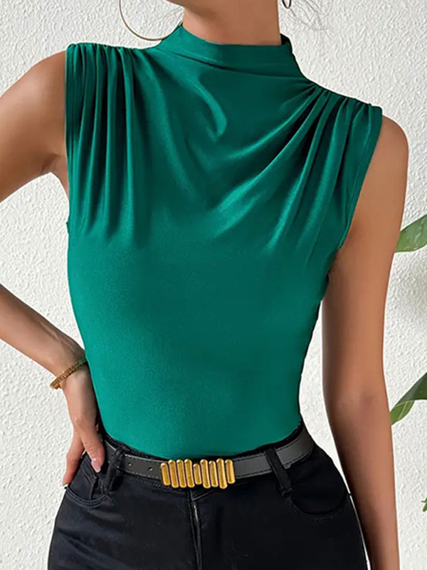 Pleated Solid Color Split-Joint Skinny Sleeveless High Neck Vest Top