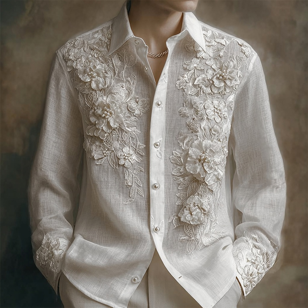 Men's Vintage Floral Lace Embroidered Linen Blouse