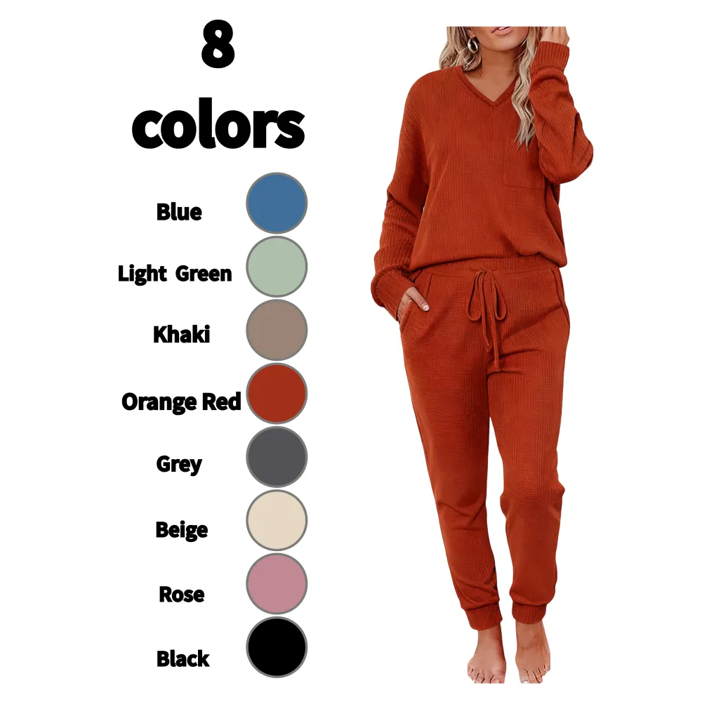 V-neck waffle knit top and pants casual set