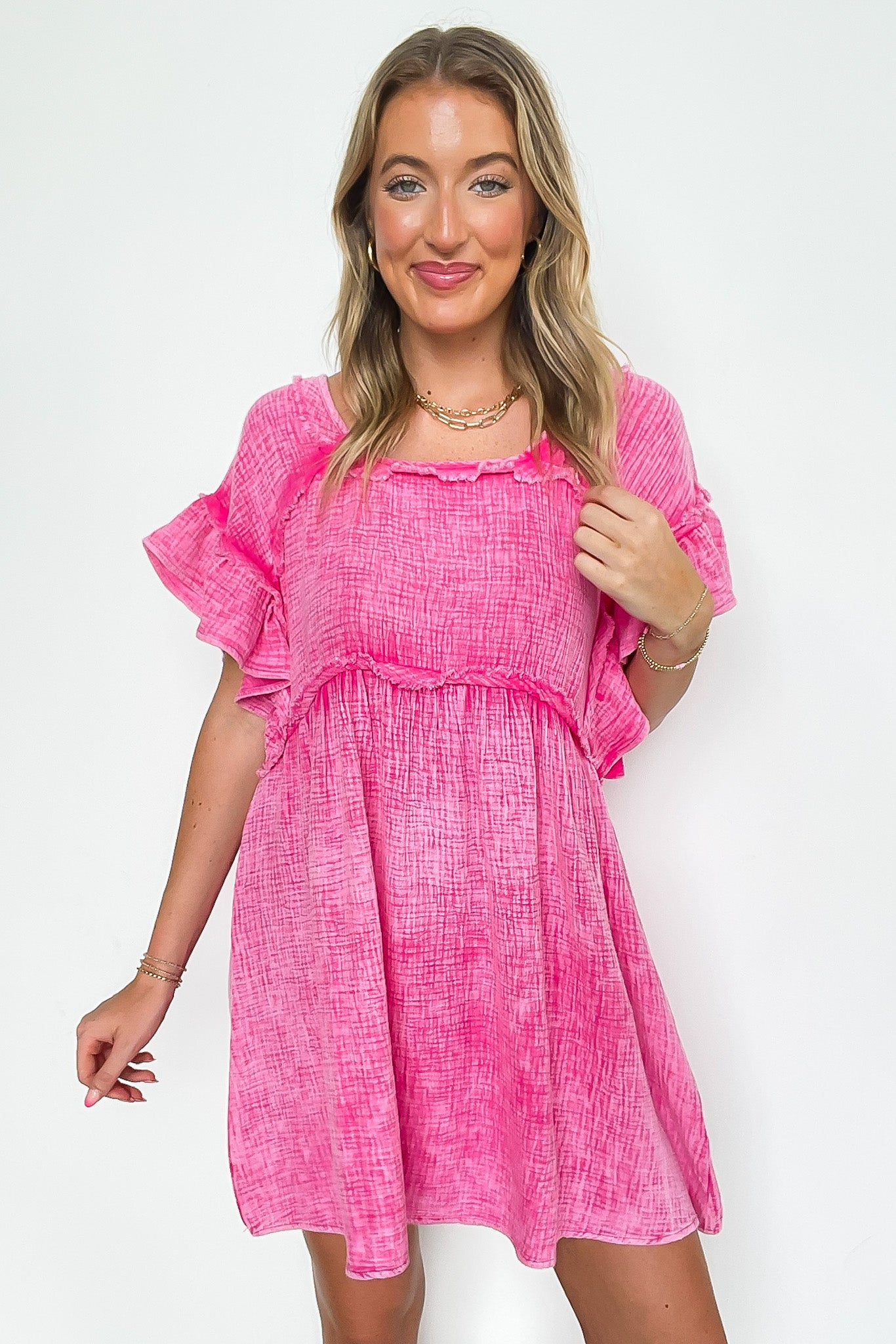 Mineral Washed Square-Neck Ruffle Sleeve Dress