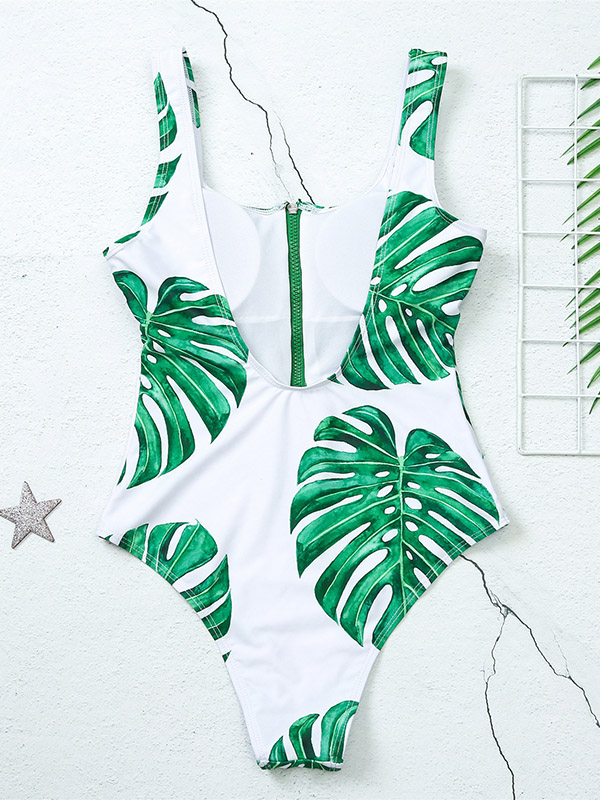 Floral Printed Zipper Backless One-Piece Swimwear