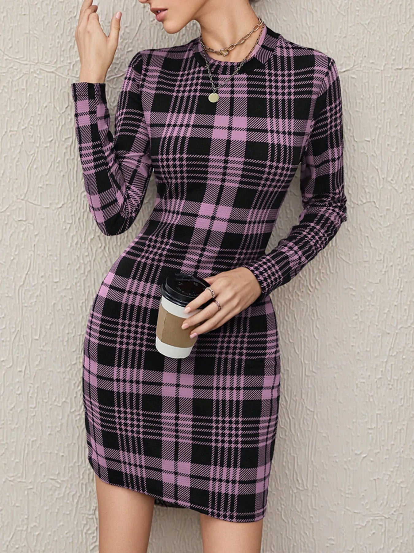 Long Sleeve Plaid Bodycon Mini Dress