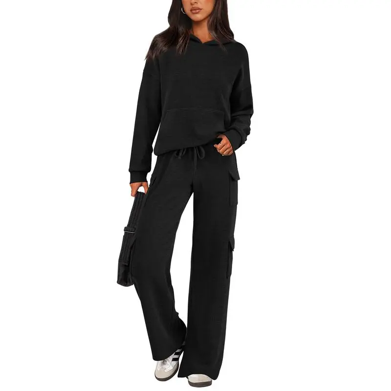 Women's Fall Knitted Hoodie Tracksuits Wide Leg Pants With Pocket Sets