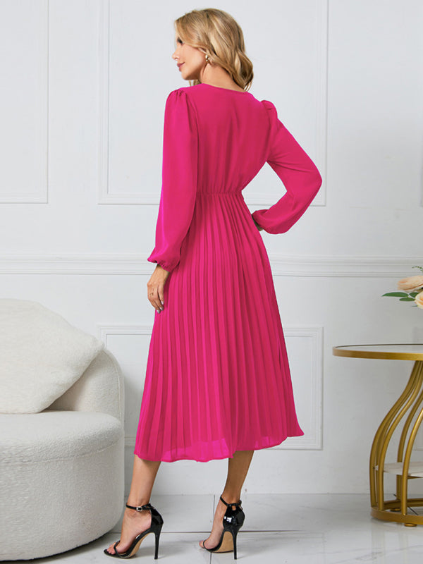 Long Sleeve Slim Pleated Belt V-Neck Dress A-Line Skirt