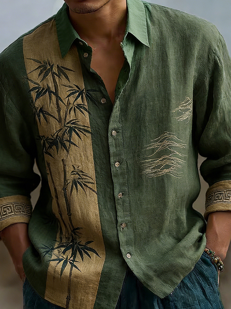 Japanese Bamboo Pattern Embroidered Color Blocked Linen Blend Shirt