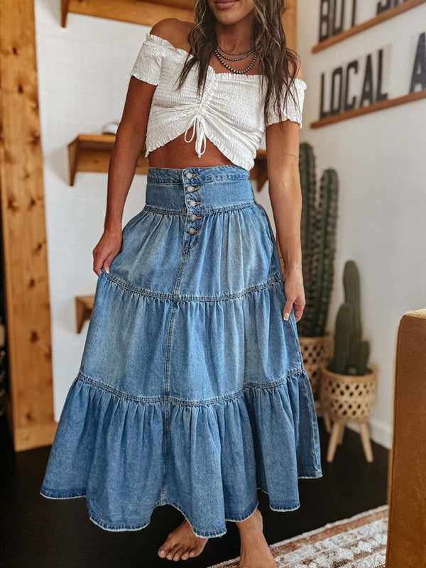 Bohemian A-Line Tiered Denim Maxi Skirt