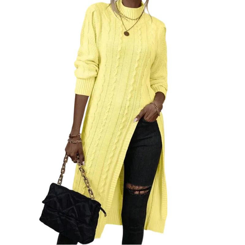 Sweater Mock Neck Split Hem Cable Knit Longline for Fall