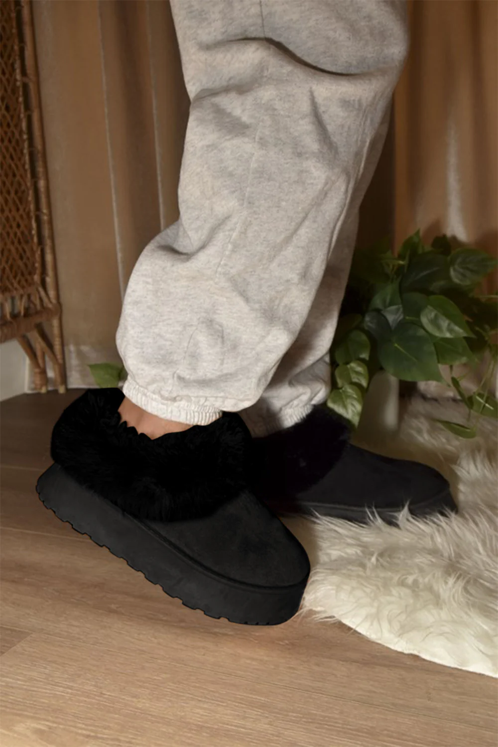 Faux-Fur Platform Slip On Booties in Black