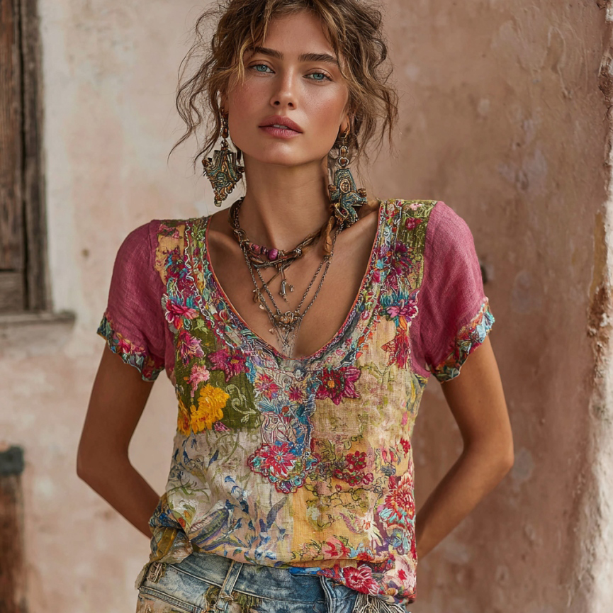 Women's Bohemian Floral Embroidery Patchwork Art Round Neck Short Sleeve Linen Blend T-shirt