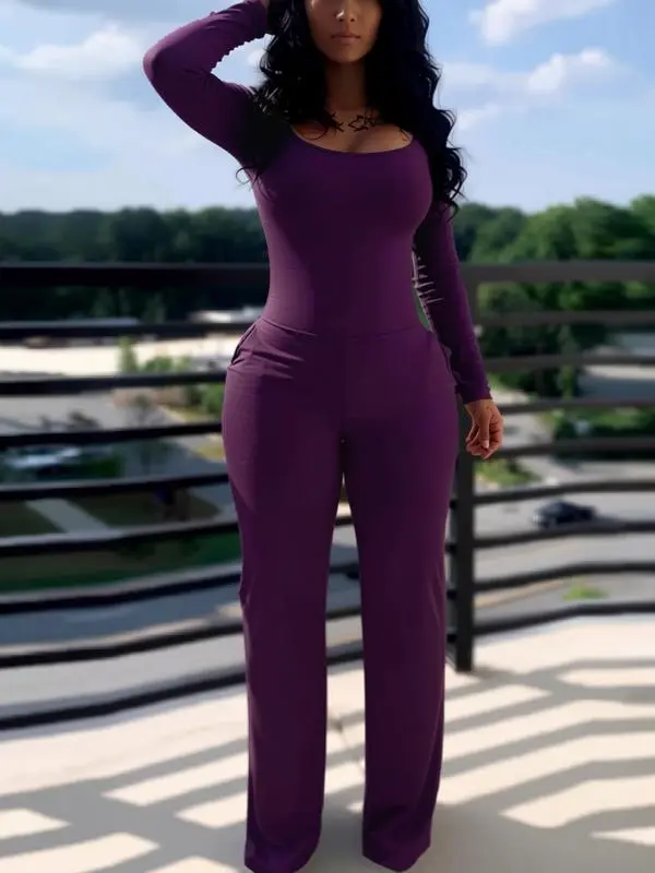 Women’s Fitted Long Sleeve Jumpsuit with Low Neck & Pockets