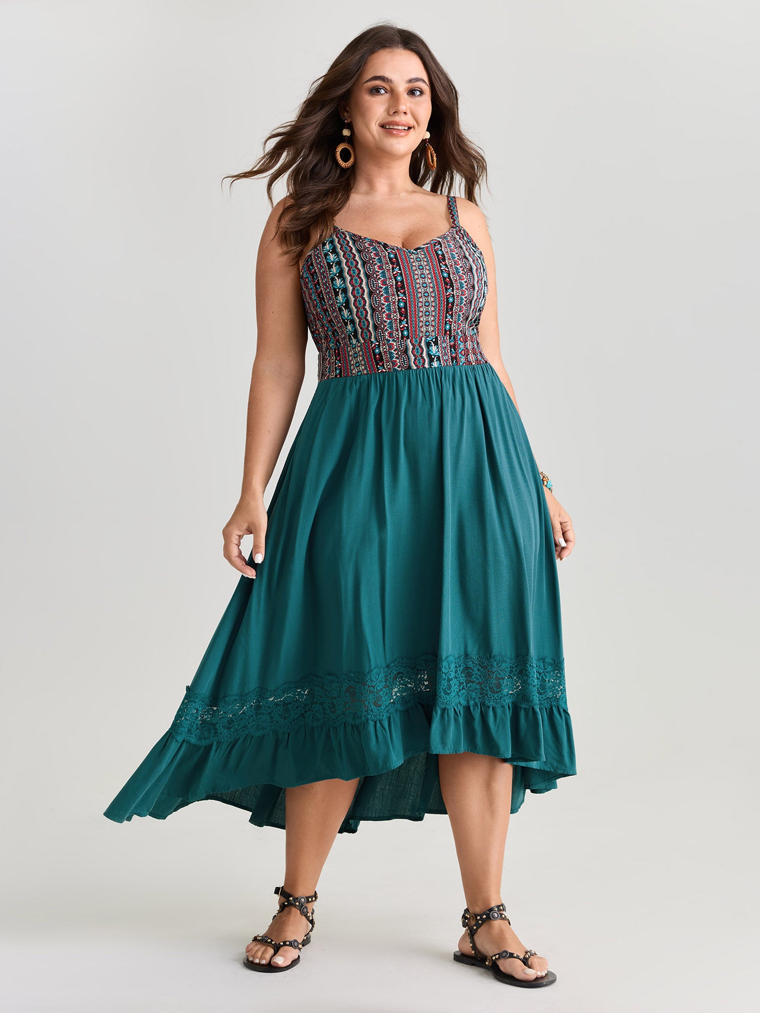 Boho Striped Lace Trim Midi Dress
