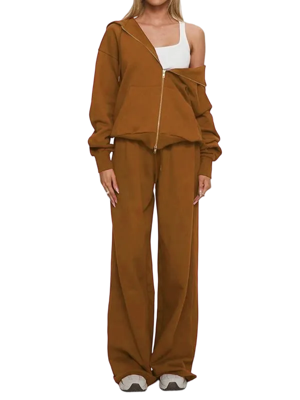 Women Fall Winter Long Sleeve Zipper Hoodie & Pants 2 Piece Set