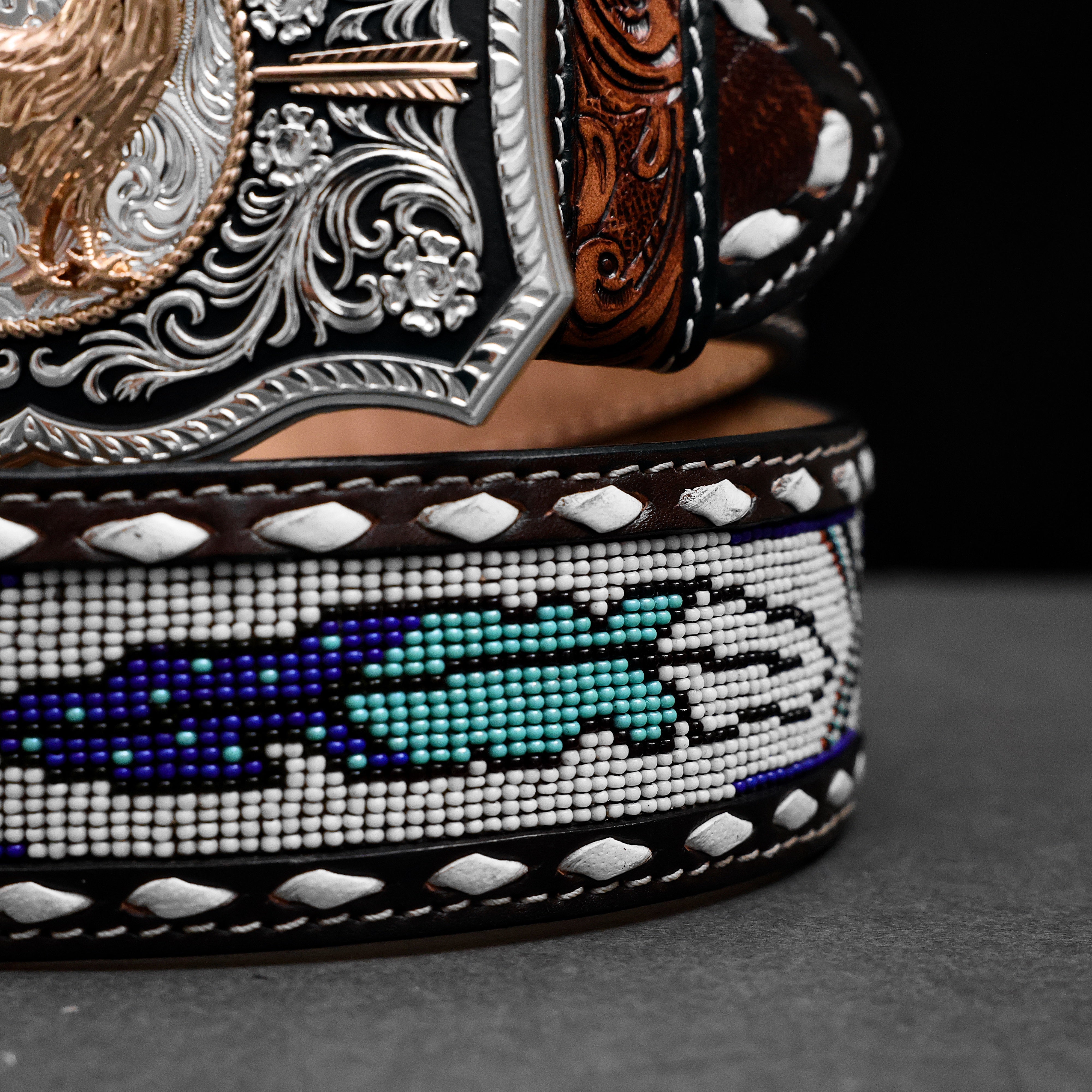 2 Inch Hand-Tooled Artesanal Beaded Leather Belt