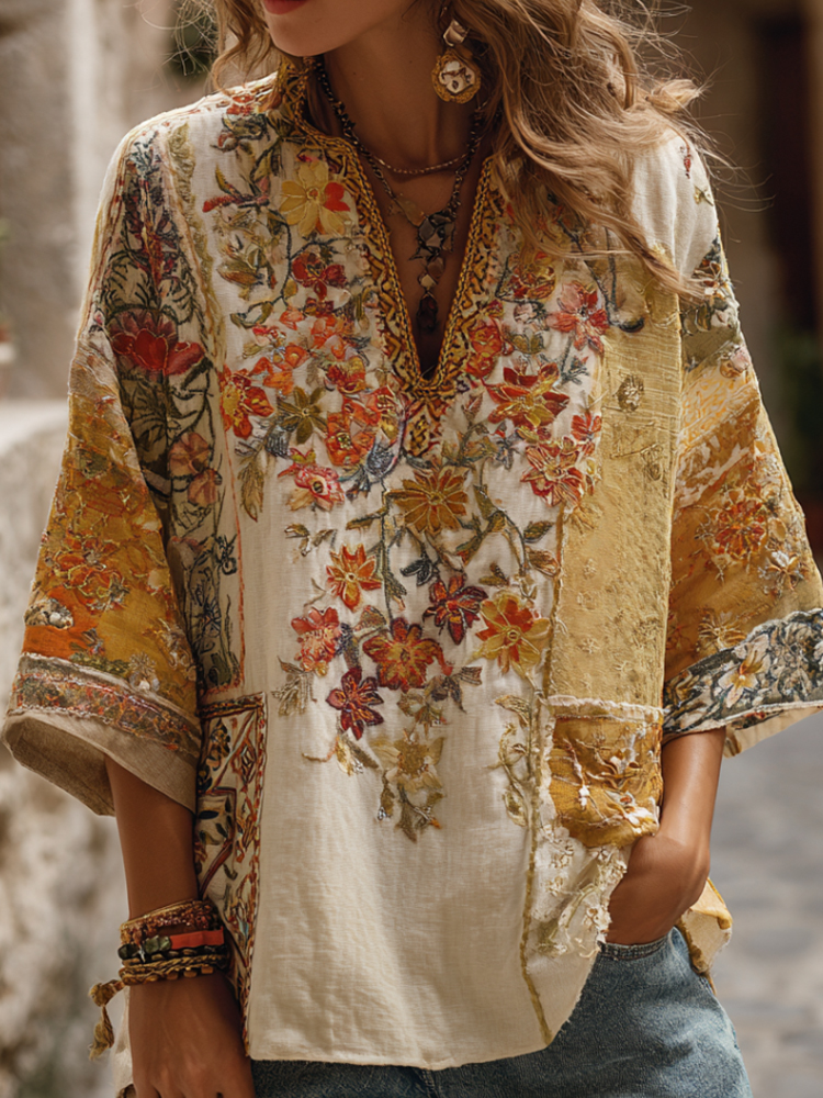 Bohemian Style Golden Patchwork Palace Retro Floral V-neck Short-sleeved Shirt