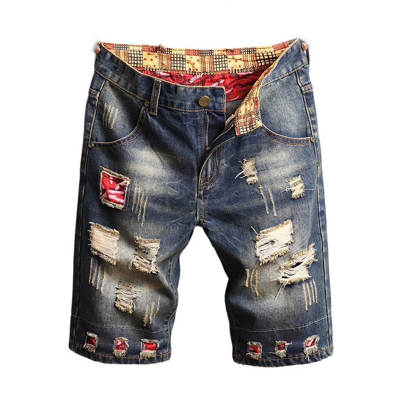 🔥 Men’s Ripped Denim Shorts – Patchwork Design for Street Style Edge 👖✨