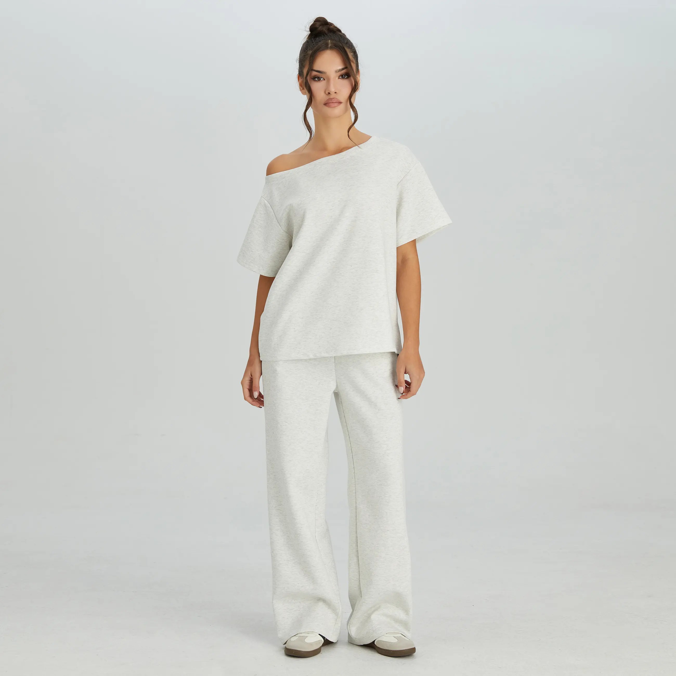 🔥Easter Sale!Women's Leisure Solid Color Sloping Shoulder Short Sleeve Top & Drawstring Waist Wide Leg Trousers Co-ord