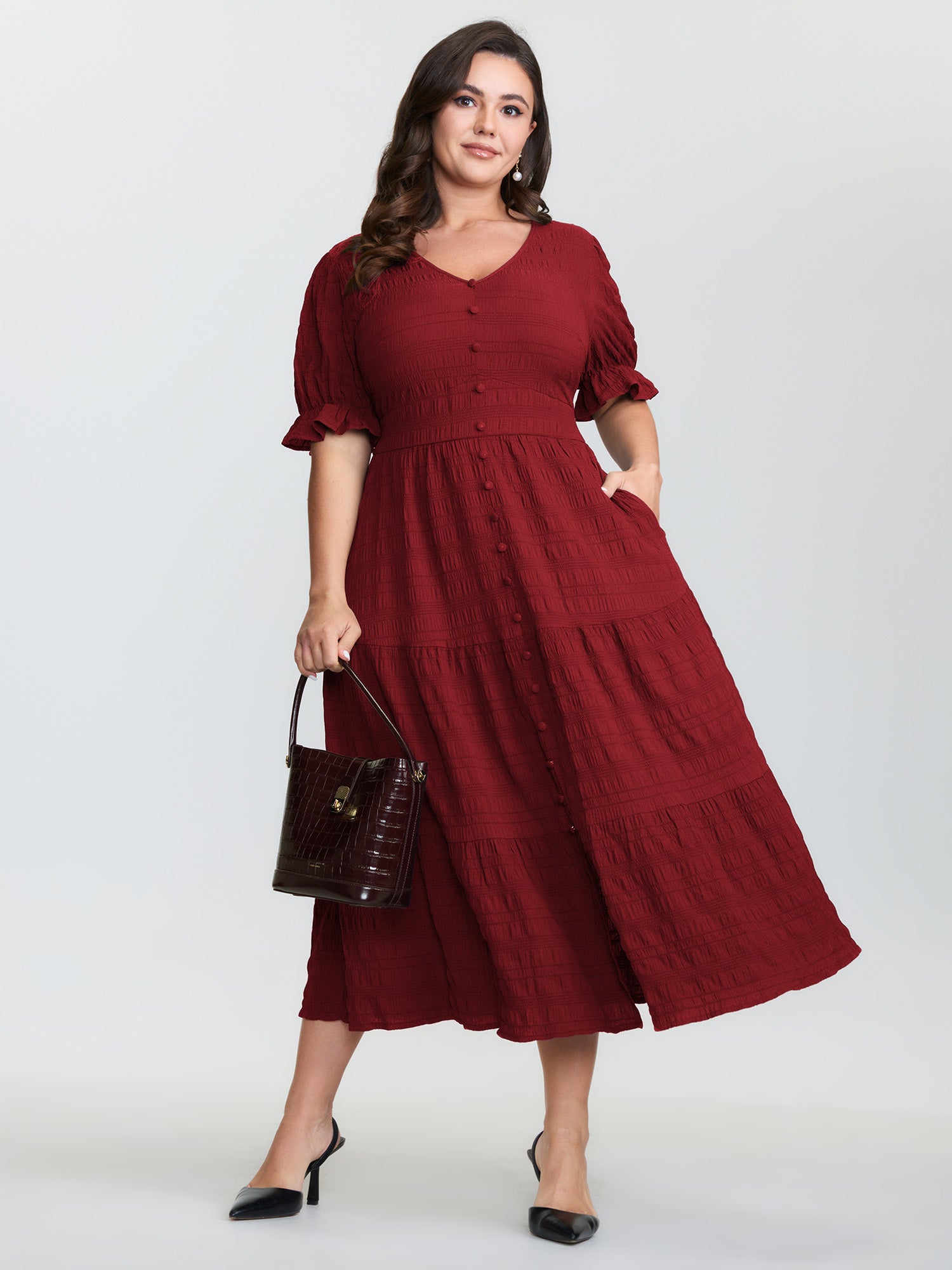 Textured Triangular Cinched-Waist Tiered Maxi Dress