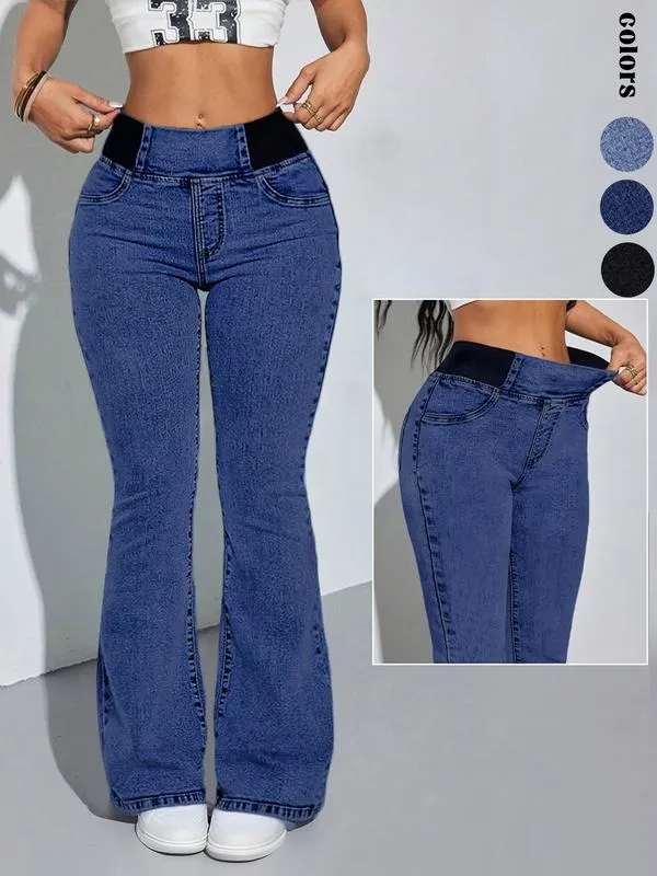 Women's Back Shirred Jeans, Mid - Rise Elasticity Waist Flared Jeans