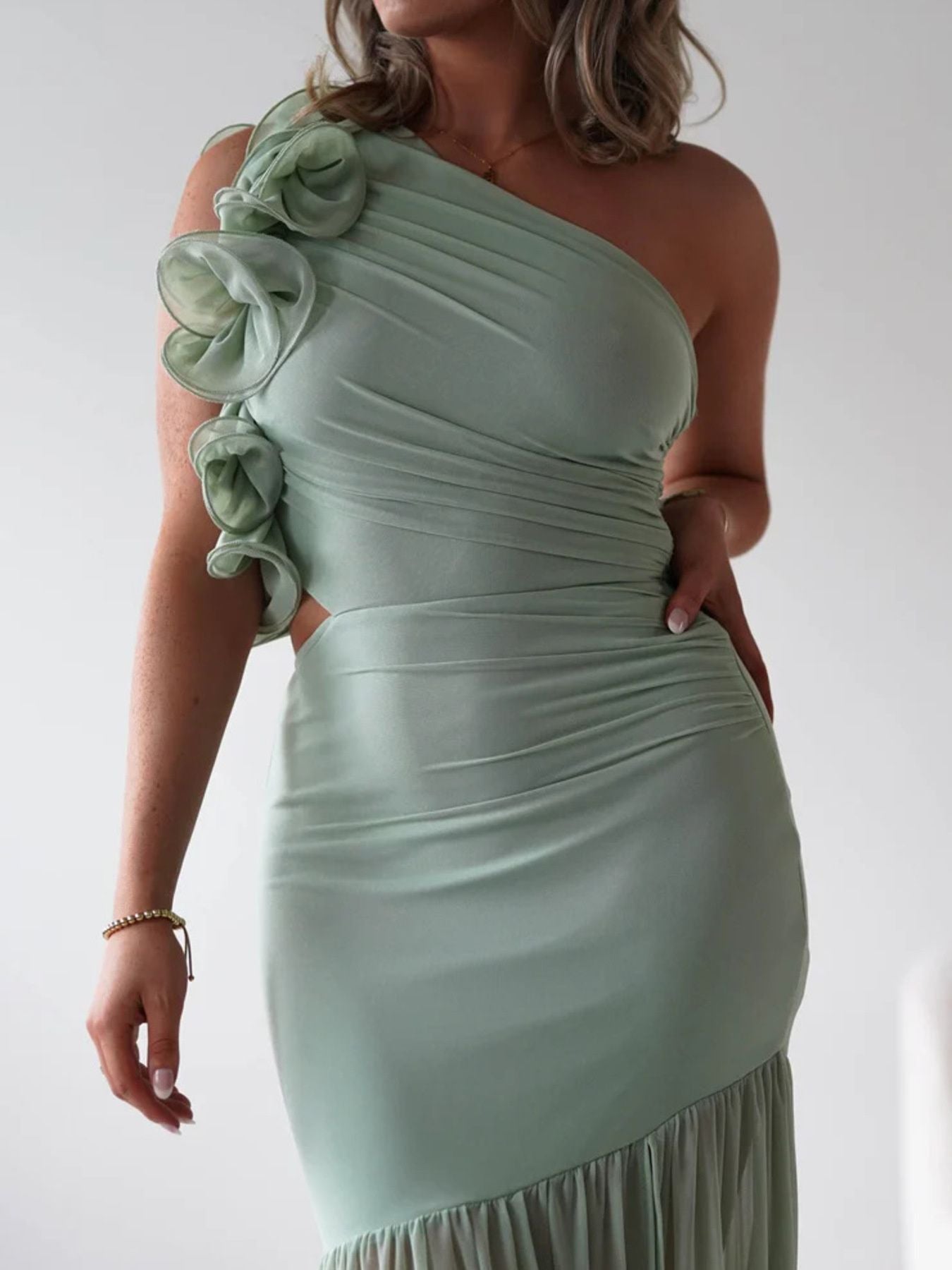 One-Shoulder Ruffle Trim Maxi Dress