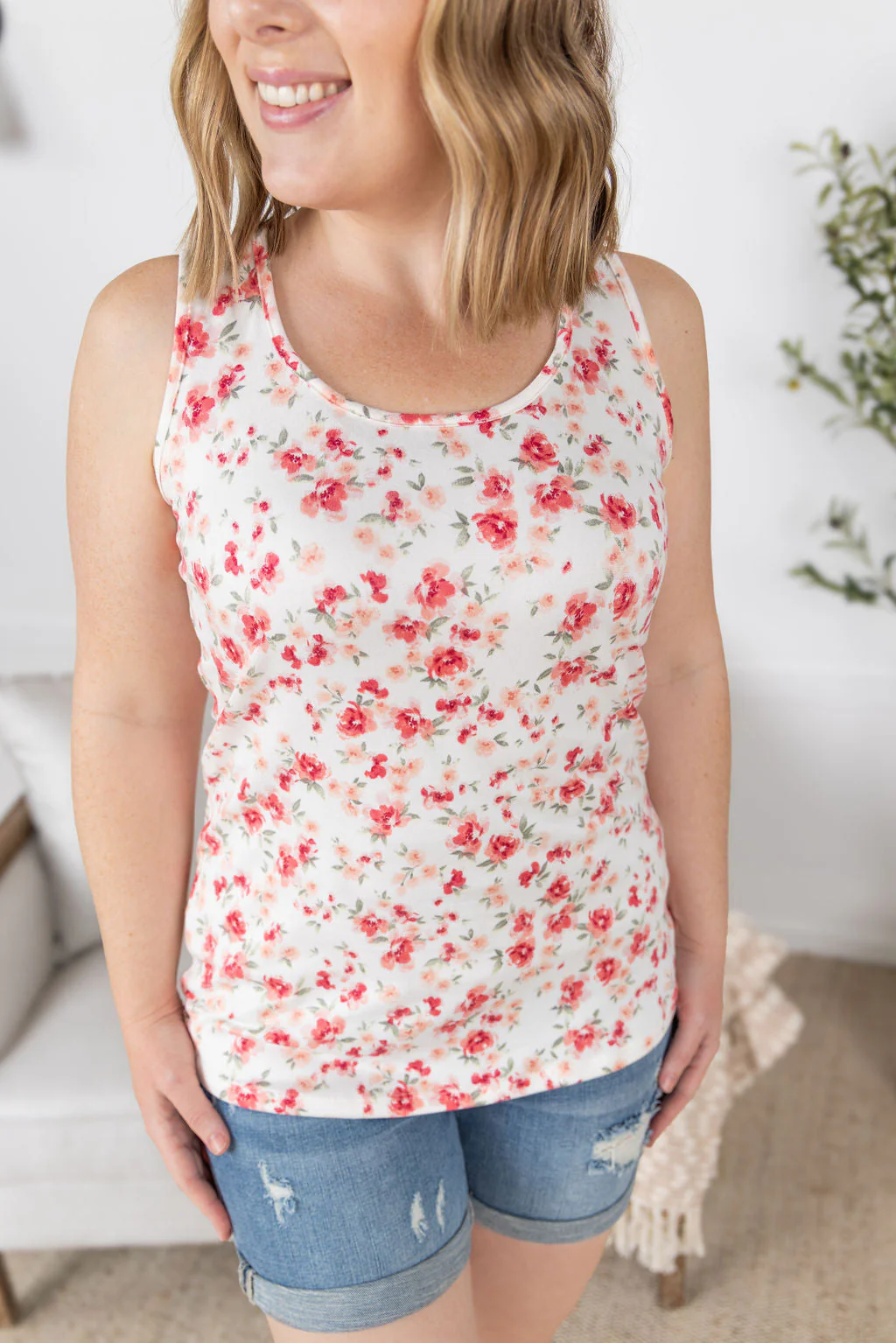 Luxe Crew Tank Top in Ivory Pink Floral