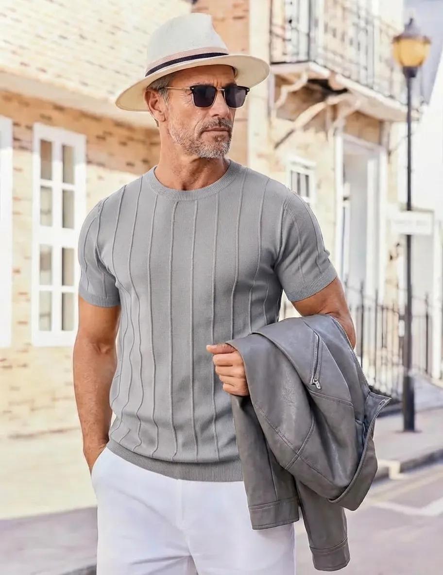 Last Day Promotion 🔥🔥 Crewneck Ribbed Pullover Men's T- Shirts Short Sleeve Knit Casual Tees