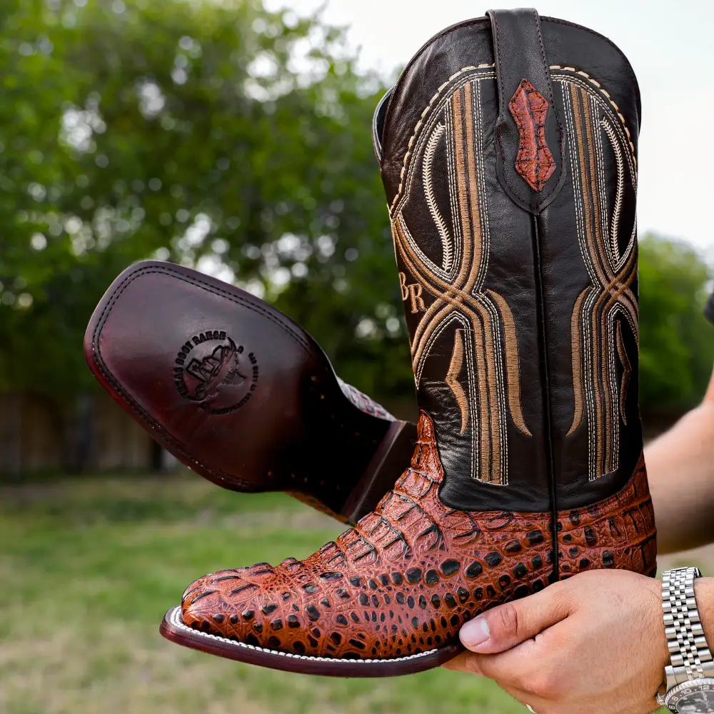Cognac Caiman Neck Leather Boots - Square Toe