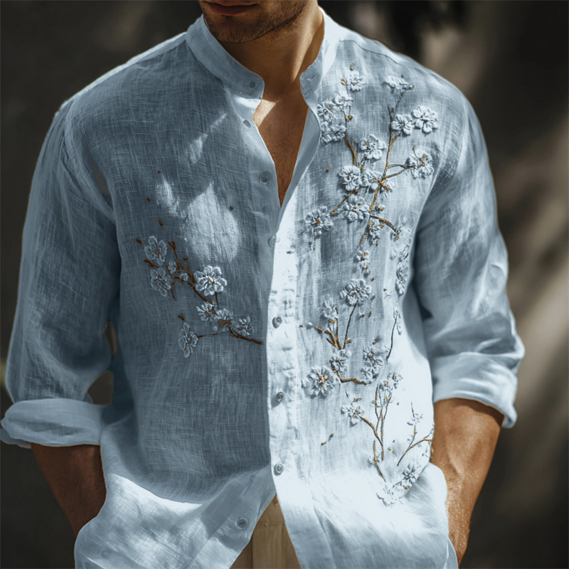 Men's Classy White Almond Blossom Embroidered Linen Shirt