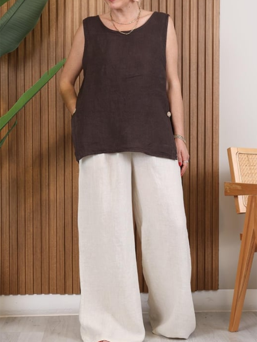 Women's Button-down Slit Linen Top