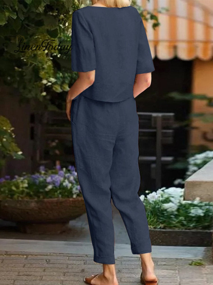 Cotton and Linen Summer Half-Sleeve Oversized Homewear Suit