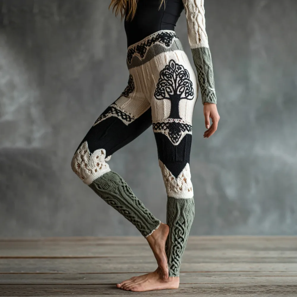 Vintage Viking Tree Of Life Celtic Knot Art Knit Jacquard Cozy Leggings