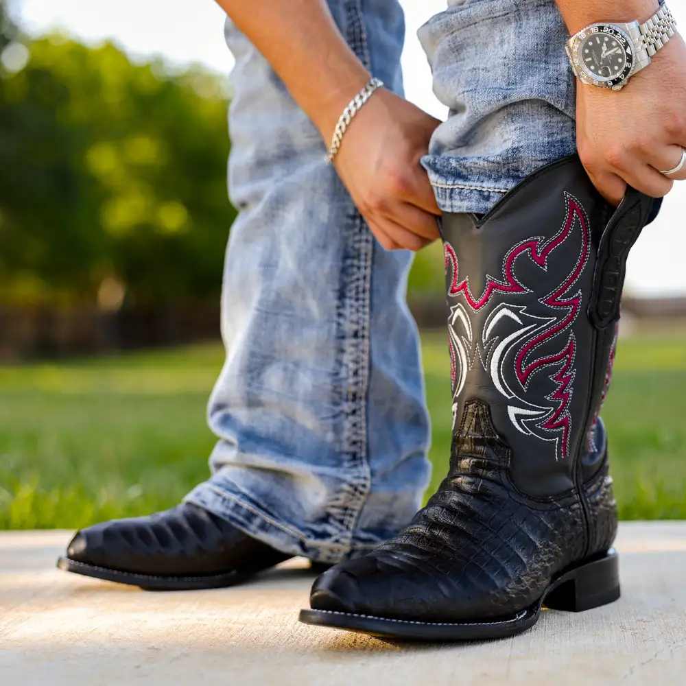 Black Caiman Belly Leather Boots - Round Toe