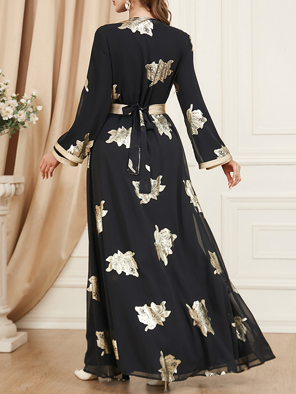 Belted Muslim Printed Split-Front Long Sleeves V-Neck Two Pieces Set Maxi Dresses