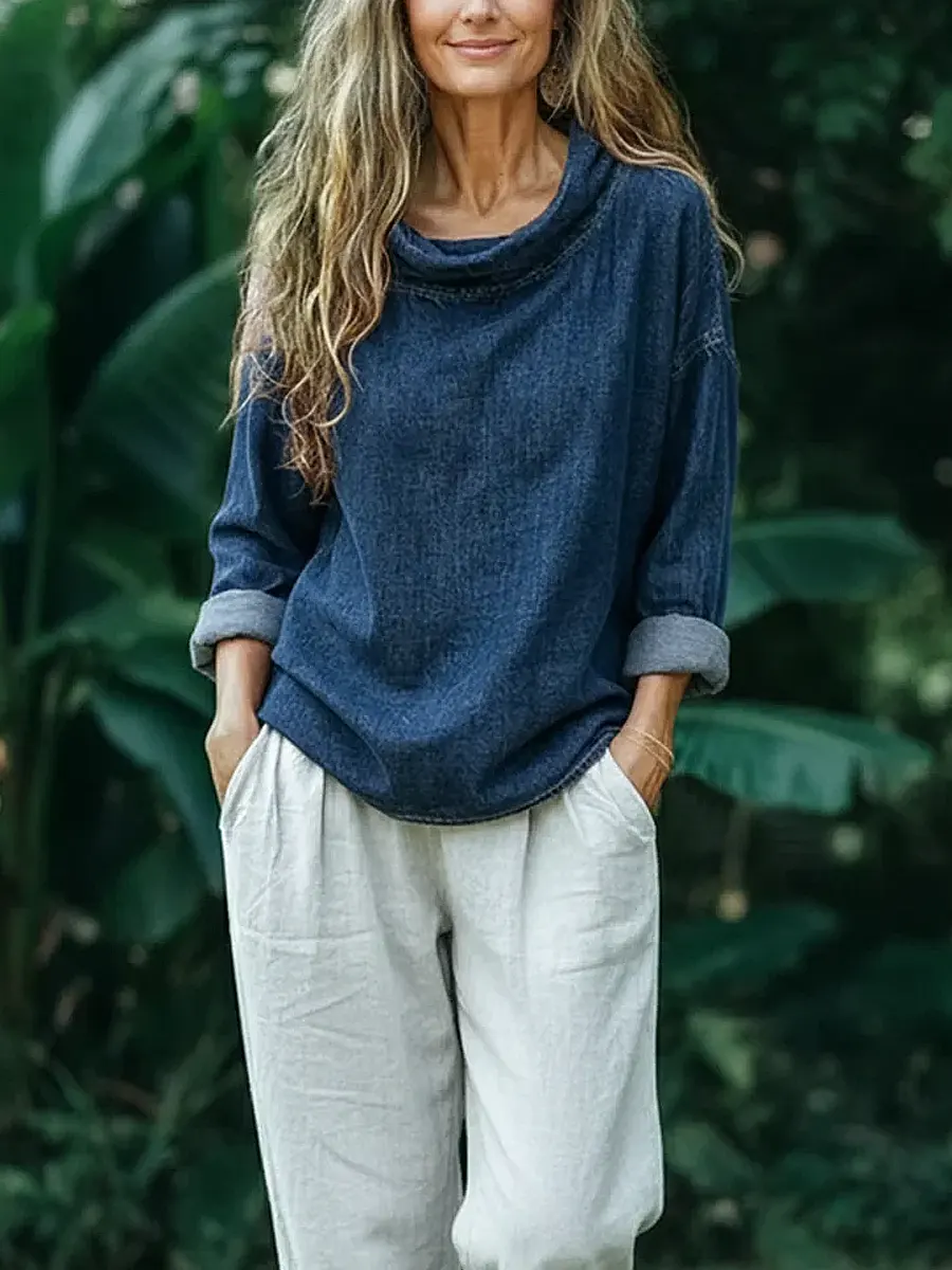 Women's Stylish Retro Art Casual Swing Collar Denim Shirt