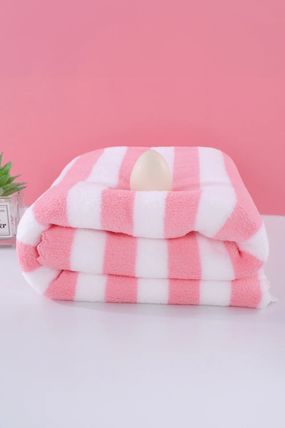 Pink Striped Plush Bath Towel Set