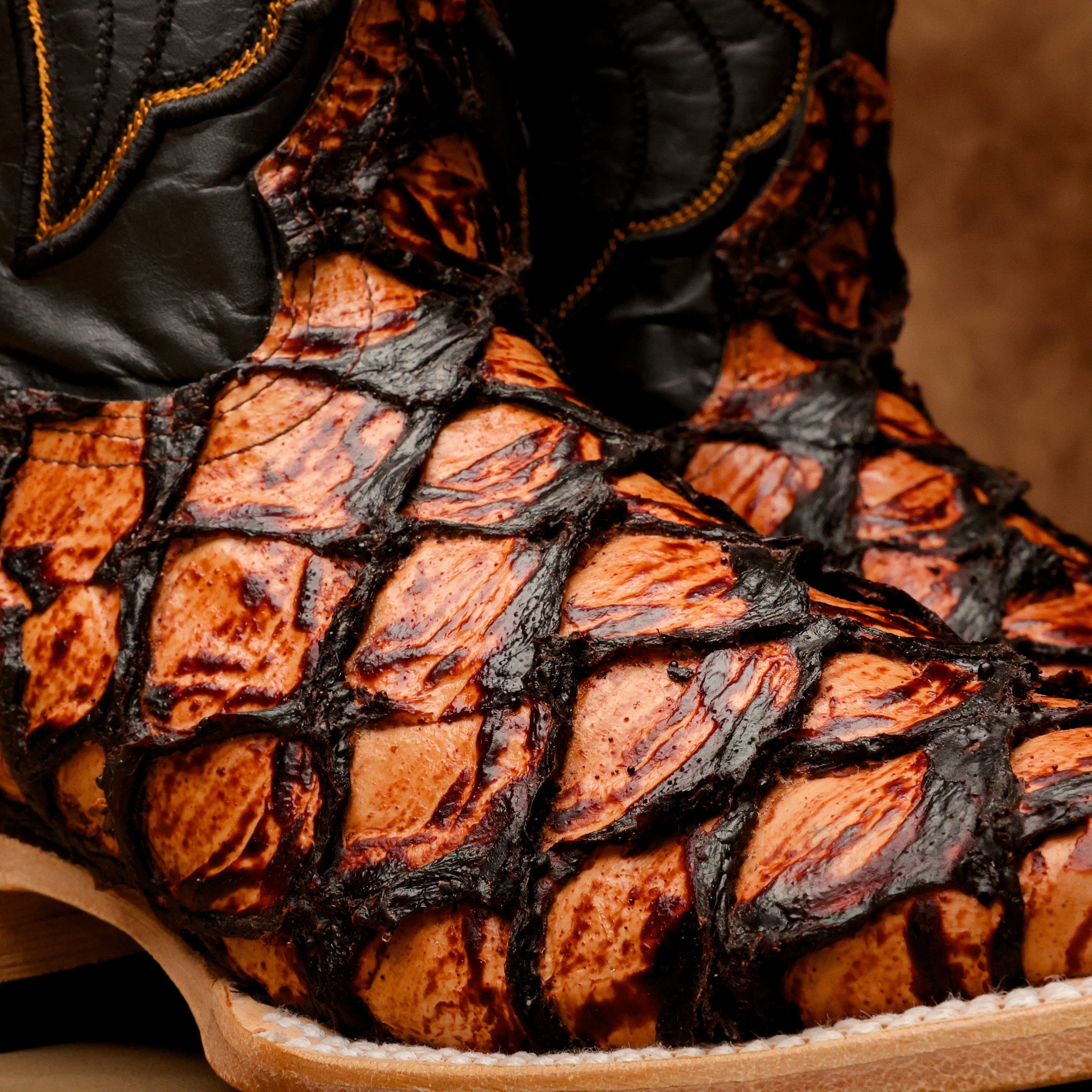 Cognac Jumbo Pirarucu Leather Boots - Square Toe