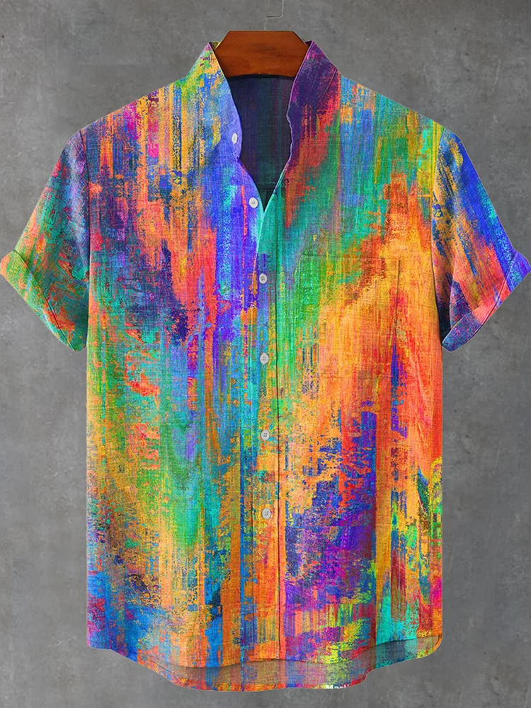 Vintage Rainbow Mottled Art Cat Print Casual Cotton Shirt