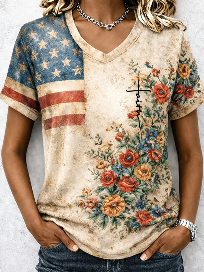 Women's Casual American 250th Anniversary Print V-Neck T-Shirt